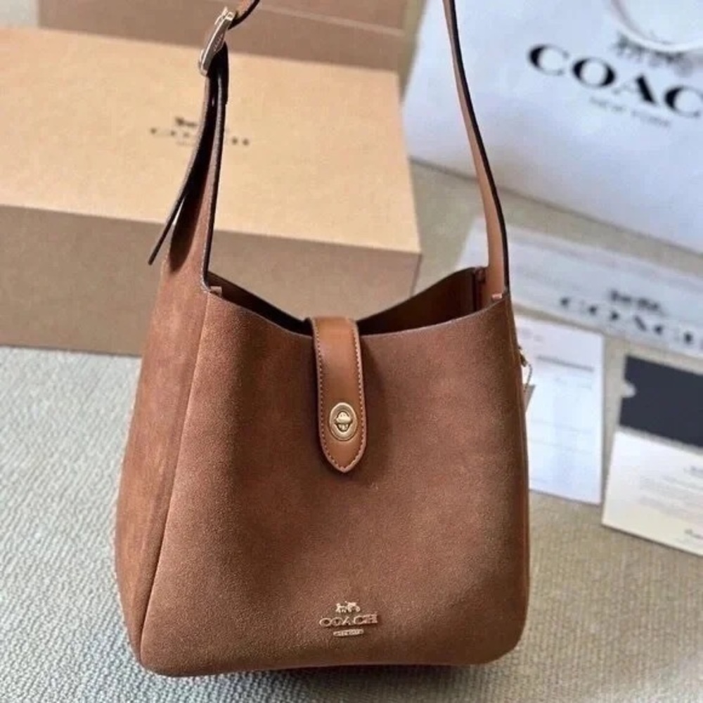Coach Suede Shoulder Bag in Chestnut Brown with Gold Hardware